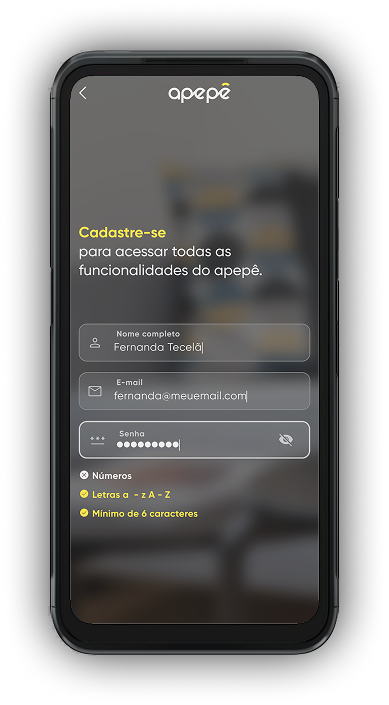 Celular com tela da versão mobile do aplicativo dp apepê