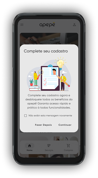 Celular com tela da versão mobile do aplicativo dp apepê
