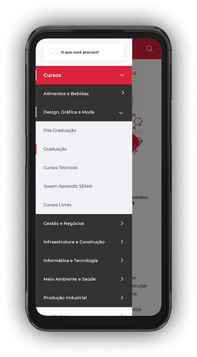 Celular com tela da versão mobile do site SENAI-SP